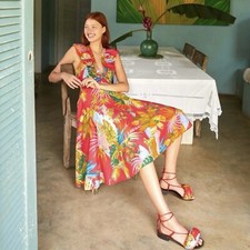 Farm Rio- Tropical Jungle Midi Dress Size S Red Deep V Summer Flutter Sleeves