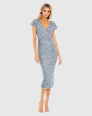 Mac Duggal Sequined Short Sleeve Wrap Over Cocktail Dress - Size 16 SKATE BLUE
