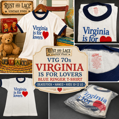 VTG 70s Virginia Is For Lovers Blue Ringer T-Shirt Deadstock Hanco Kids 10-12 LG