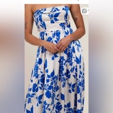 Aakaa Women’s Strapless Ruffle Back Tie Floral Maxi Dress SzL Boho Cottagecore