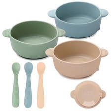 Baby Bowls with Suction and Baby Spoons Set of 3, Silicone Stay Put Bowls and...