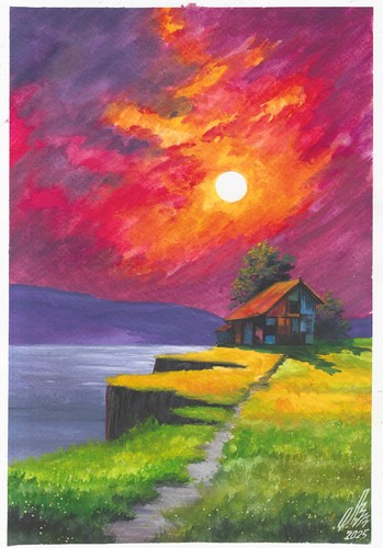 Original Gemälde 17,5 x 25 cm 318LV Kunstwerk Aquarell Moderne Landschaft