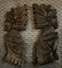 Vintage Carved Wood Native American Chief Profile Wall Plaques Pair Folk Art 11  