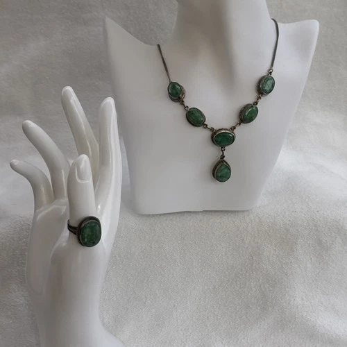 Vintage Sterling Silver Emerald Necklace Ring Set