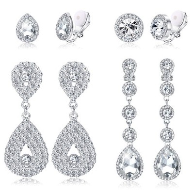 Jstyle 4 Pairs Silver Clip on Earrings for Women Elegant Rhinestone Clip on E...