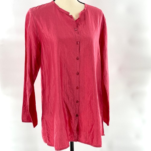 Eileen Fisher geknöpfte Seiden Tunika M koralle rosa genäht Bluse Top Reise Kreuzfahrt