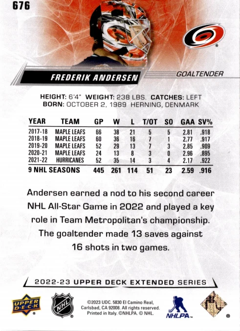 5 CARD 2022-23 Upper Deck Extended Series - All-Star Team Frederik Andersen #676 - Image 2 of 2