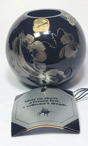 Vintage Fenton Silver Ebony Round Vase Black Amethyst Hand Painted Signed 3.75"