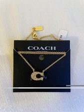 Brand New Coach Pave Signature C Charm Pendent Necklace in Gold Tone