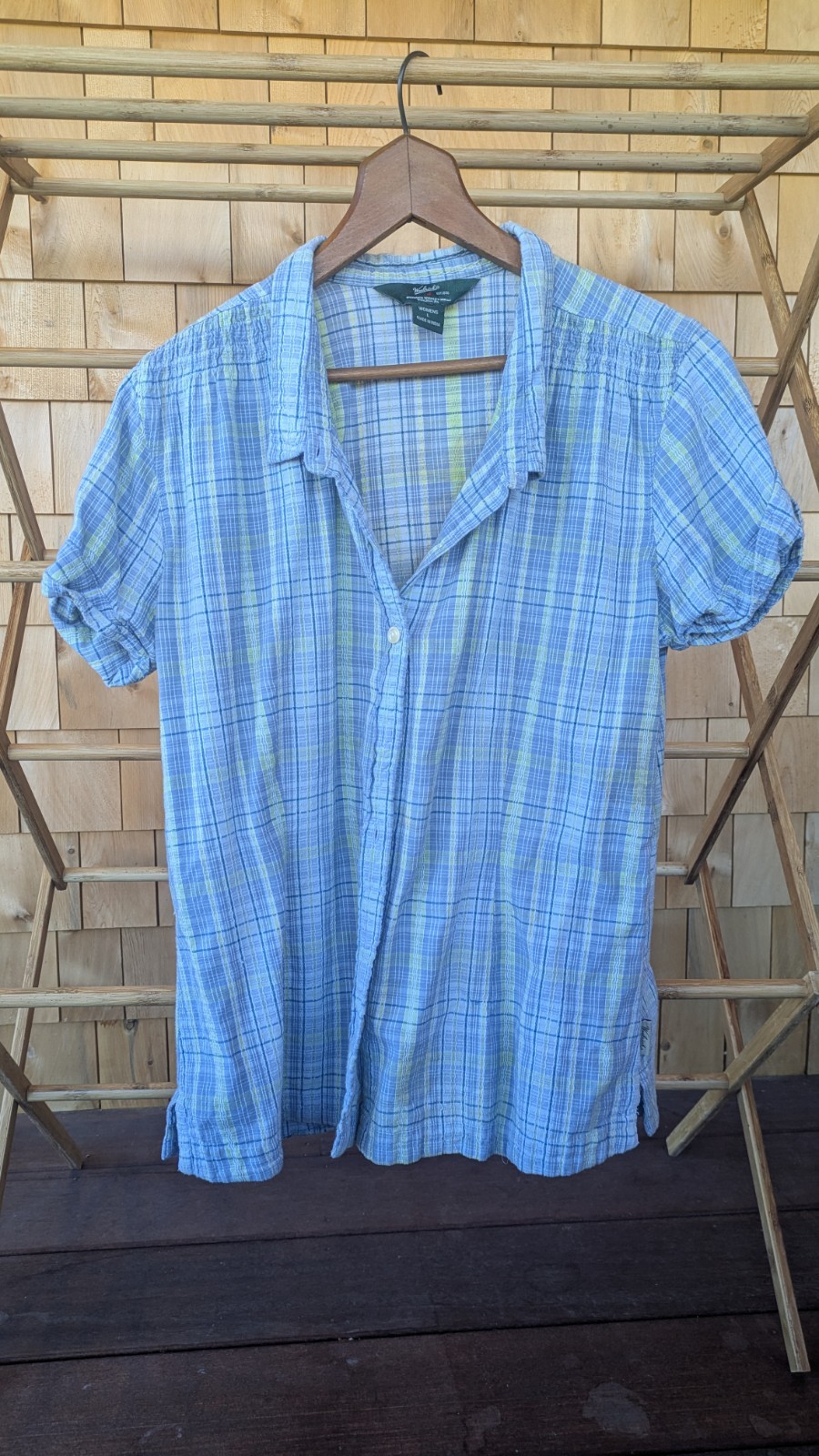 WOOLRICH Womens Button Up Blouse Top Blue Green Plaid Short Sleeve Size Large L