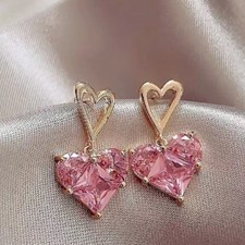 Pink Gold Crystal Drop Dangle Heart Studs Trendy Fashion Earrings Jewellery