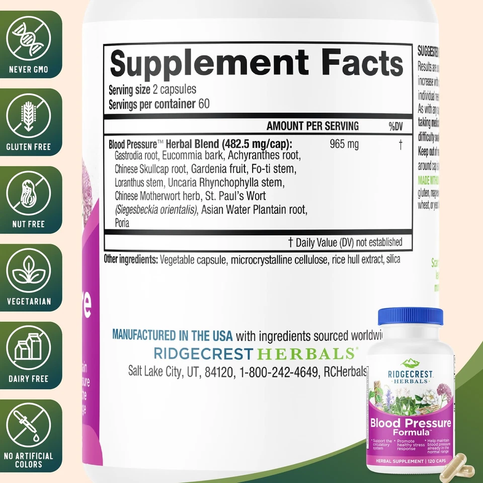 RidgeCrest Herbals Presión Arterial Fórmula Herbal, 12 Hierbas, Hongo Poria, G... Foto 3 de 4
