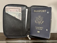 Black Leather Travel Passport Wallet Organizer with Zipper and Card Slots