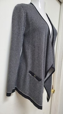 Jaclyn Smith Collection Open Front Drape Cardigan Sweater Woven Black White  Lg