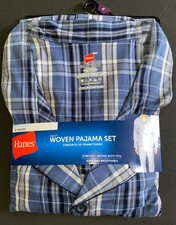 Hanes Men  s Woven Pajama Set Blue Plaid Long Sleeve Shirt and Pants Size 2XXL