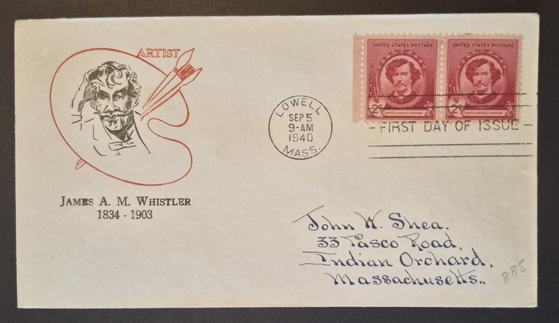 1940 First Day Cover Pair US Scott 885 James A.M. Whistler Famous Americans FDC