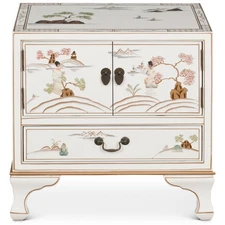 US SELLER - Hand-Painted White Lacquer Oriental Accent Cabinet with Scenic Motif