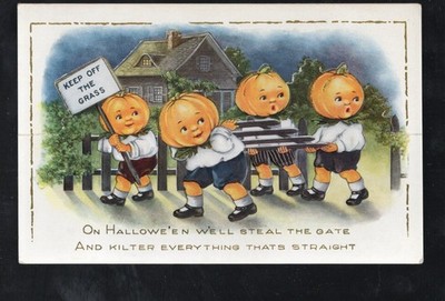 H426 Halloween Antique Postcard Novelty Die Cut Pumpkin Boys Steal Gate Prank