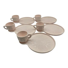 Jeannette Glass Vintage Shell Pink Milk Glass Set of 5 Snack Plate and Cup Set