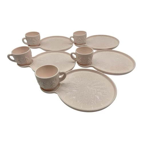 Jeannette Glass Vintage Shell Pink Milk Glass Set of 5 Snack Plate and Cup Set