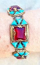 1920s Signed CZECH Bracelet EGYPTIAN REVIVAL w/ Ruby Glass & Turquoise Pyramids