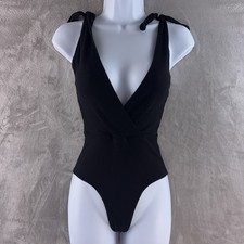 Reformation Bodysuit Womens Size Small Black Ribbed Plunge V Neck Tie Strap