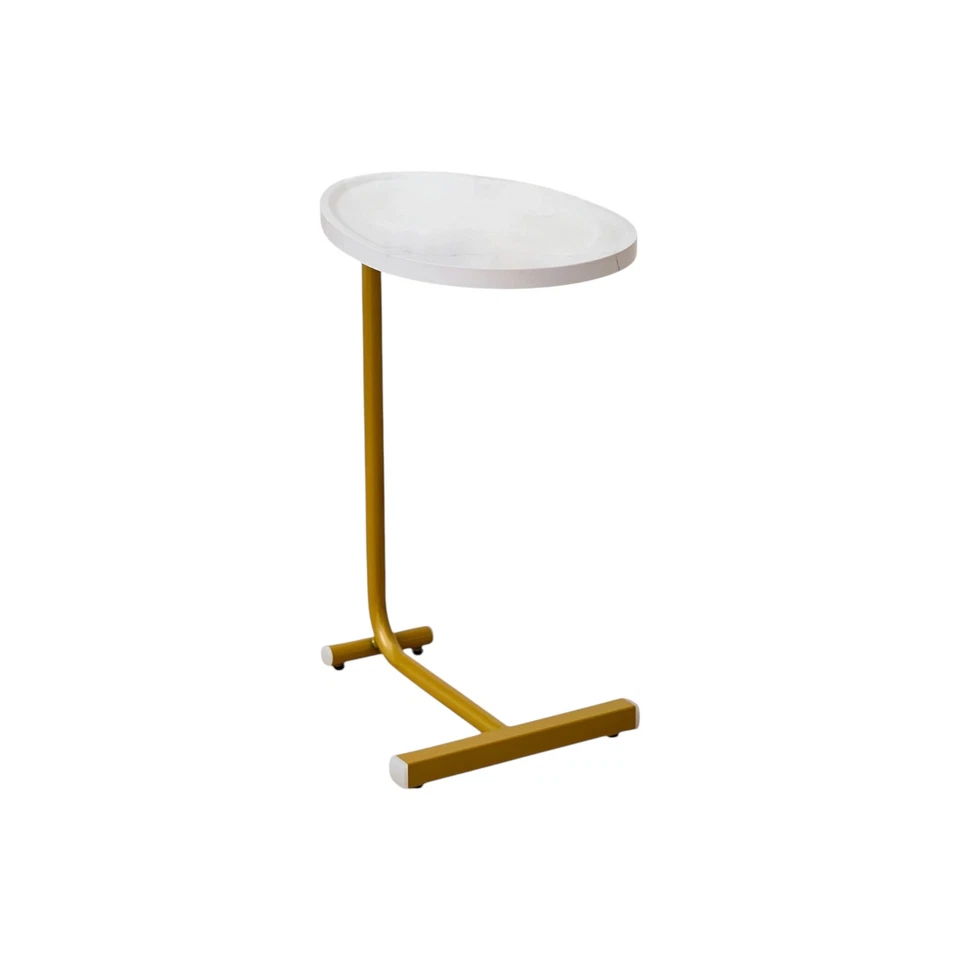 Set of Two White and Gold Faux Marble and Metal Oval End Tables - Image 4 of 4