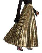 Women's Premium Metallic Shiny Shimmer Accordion Pleated Long Maxi Skirt Gold