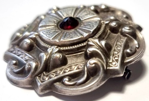 D0189 - Silber Brosche mit Granat um 1840 - Biedermeier Antikschmuck - 4,2 cm Ø - Bild 3 von 6