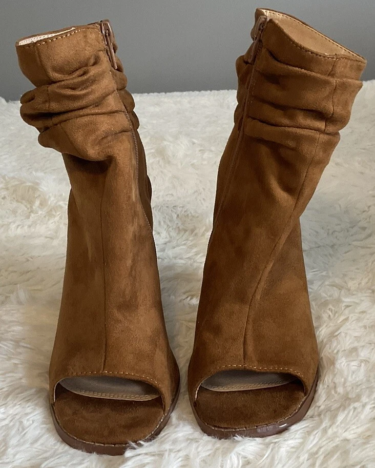 Liliana Anson-1 Ankle Boots Slouch Suede Peep Toe Chunky Heels Size 6 Tan NEW - Image 2 of 4