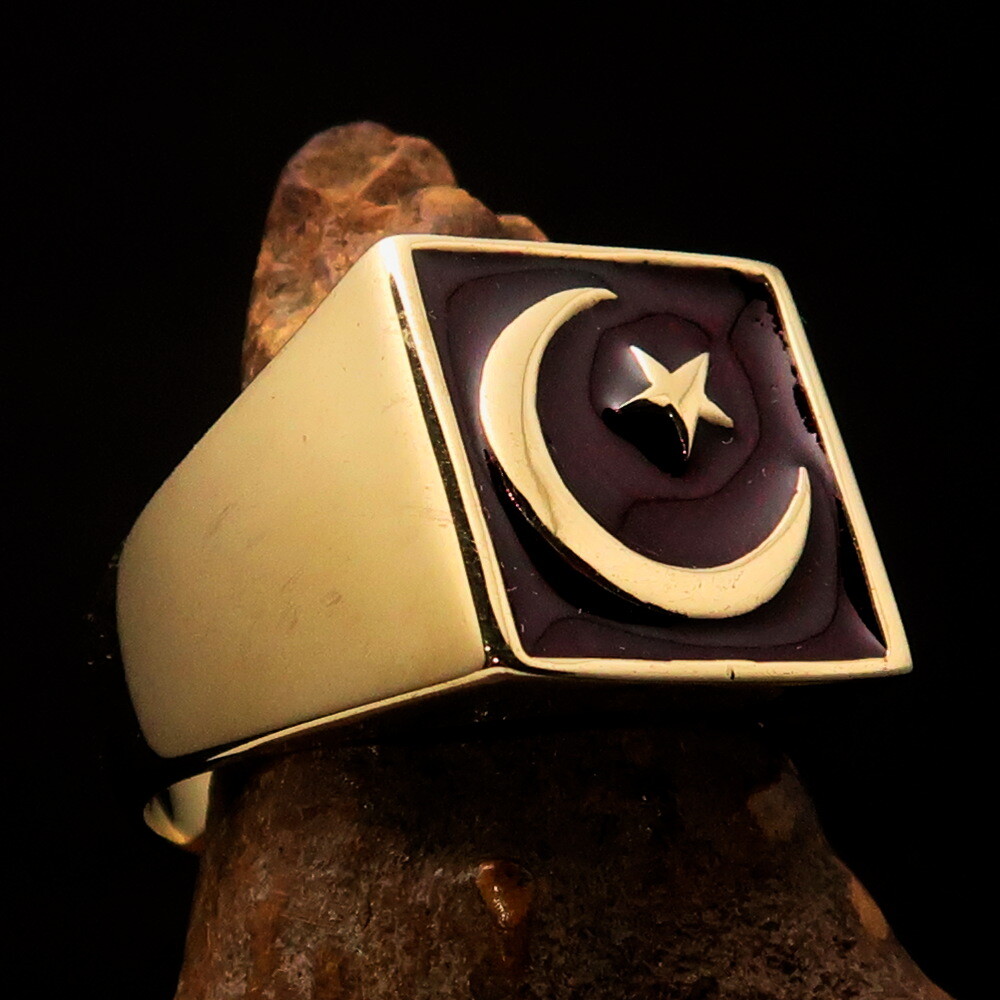 SQUARE MENS BRASS RING CRESCENT MOON AND STAR SYMBOL