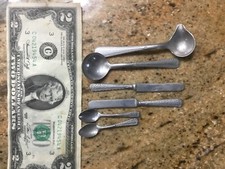 6 Vintage TOY ALUMINUM GERMANY SILVERWARE Miniature Small Knife Spoon