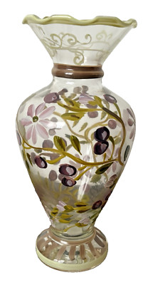 Tracy Porter Glass Bud Vase Sage Tea Hand Painted Ruffle Top 6.5 Inch w Sticker