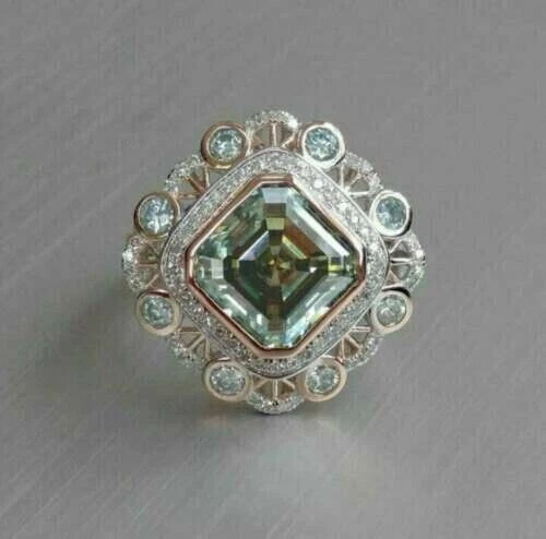 Asscher Aquamarine & Vintage Art Deco Lab Created Diamond 14KWhite Gold FN Ring