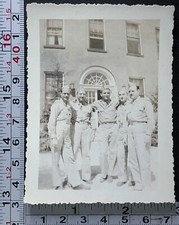 WW2 Era Soldiers Posing Outside Building Uniform Military Photo Snapshot 2