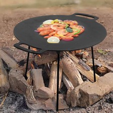 Round Camping BBQ Grill Pan Table Cast Iron Outdoor w/ 3 Legs Tripod Grill Plate