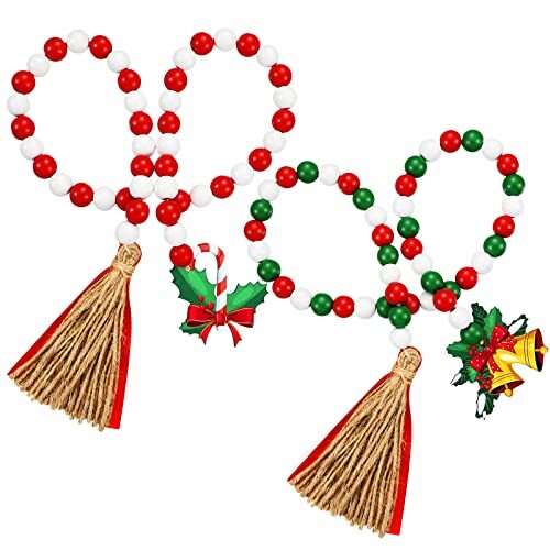 Christmas Wooden Bead Garland with Tassels, Decorated with Christmas