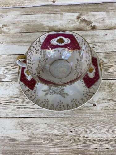 Tazza da tè e piattino vintage Lustreware Giappone con piedi oro bordeaux - Foto 2 di 15