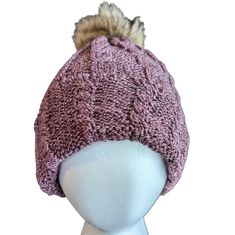 Fuzzy Lined Purple Knit Hat with Faux Fur Pom Pom