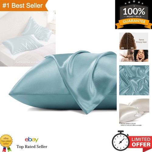 Gift-Worthy Queen Size Satin Pillowcase Set - 2 Zippered Covers in Grey Blue