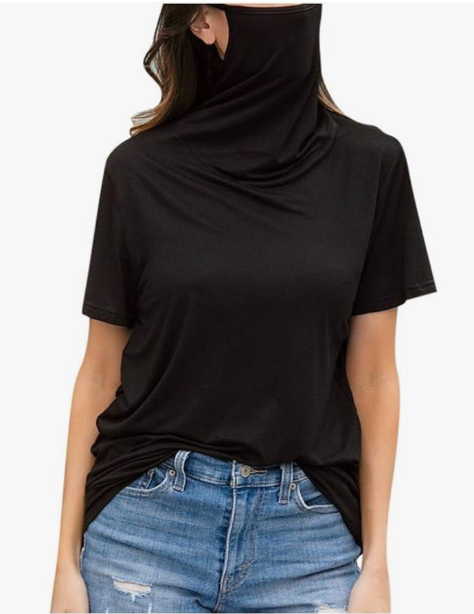 Chris & Carol Women's Turtleneck Face Mask Top T-Shirt Short Sleeve Black Size S