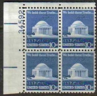 US Scott 1510 Plate Block MNH of 4 MNH Jefferson Memorial (10 cents) FREE SHIPP