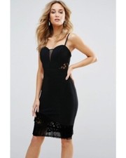 Black Bodycon Dress 10 Fringe hem Lace Insert Wedding Occasion Flapper Prom