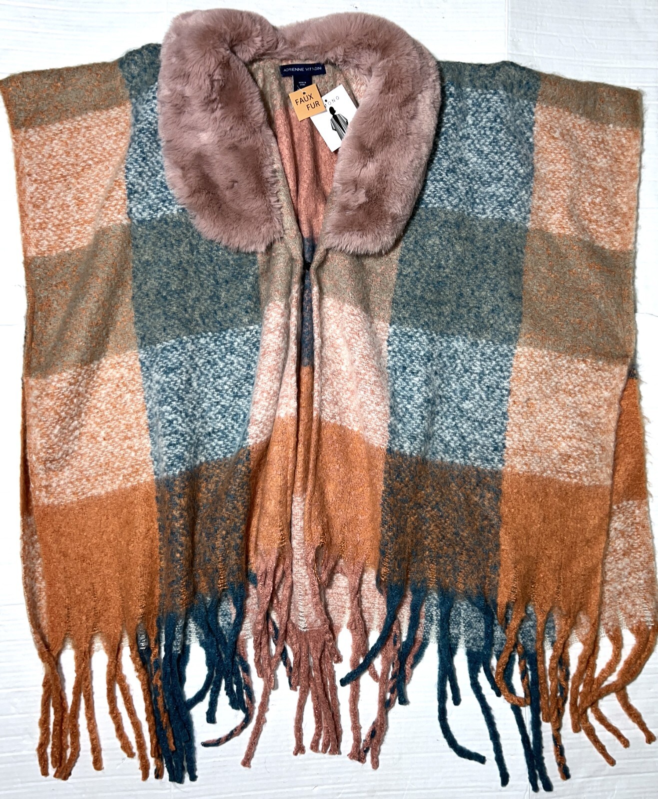 Adrienne Vitadini Faux Fur Collar Plaid Kimono Sweater Poncho Jacket One Size
