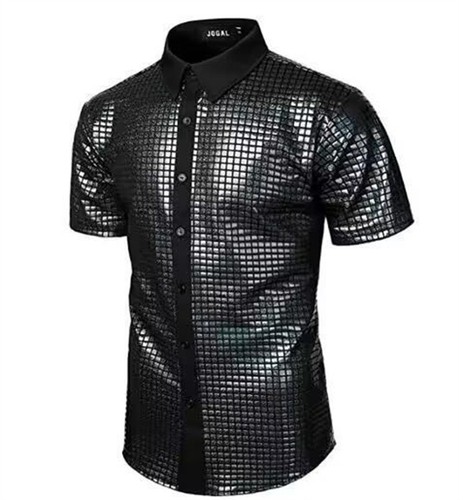 Camicia manica abbottonata top uomo anni 70 discoteca costume argento paillettes festa corta - Foto 5 di 12