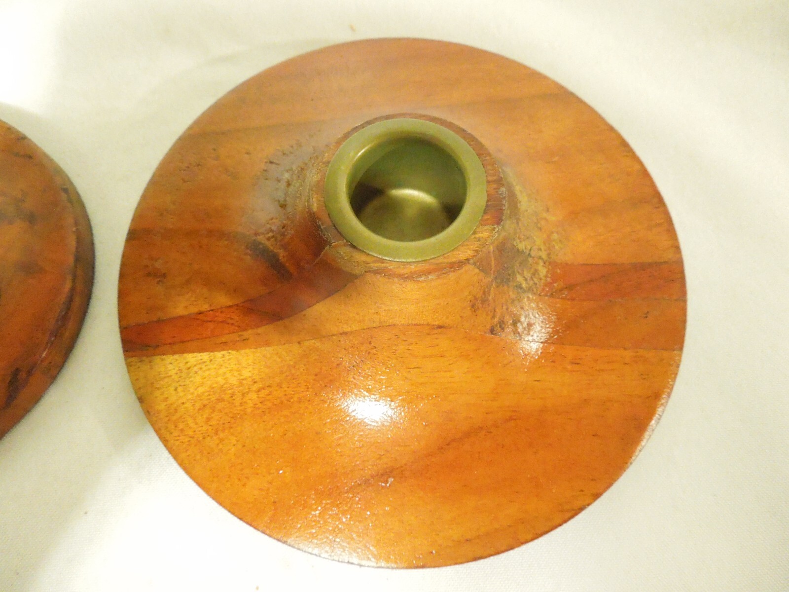 Vintage Taper Candle Holders Set of 2 Wood with Brass Inserts 5" & 4" Diameters