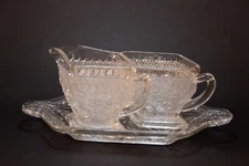 Indiana glass-clear pressed pattern- open sugar and creamer on tray