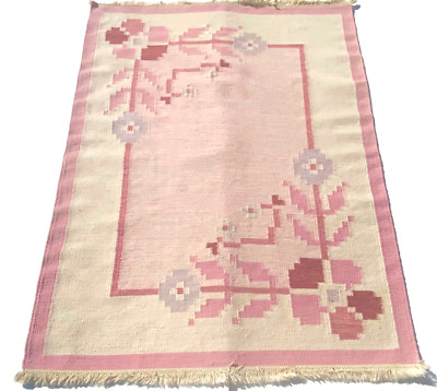 Schwedischer Rosa Wollteppich Flachgewebe Kelim Rölakan Teppich 1960, Groß 200cm x 140cm