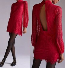 Anthropologie Maeve Open Back Lace Mini Dress12 Red LS Pockets Mock Neck NWT
