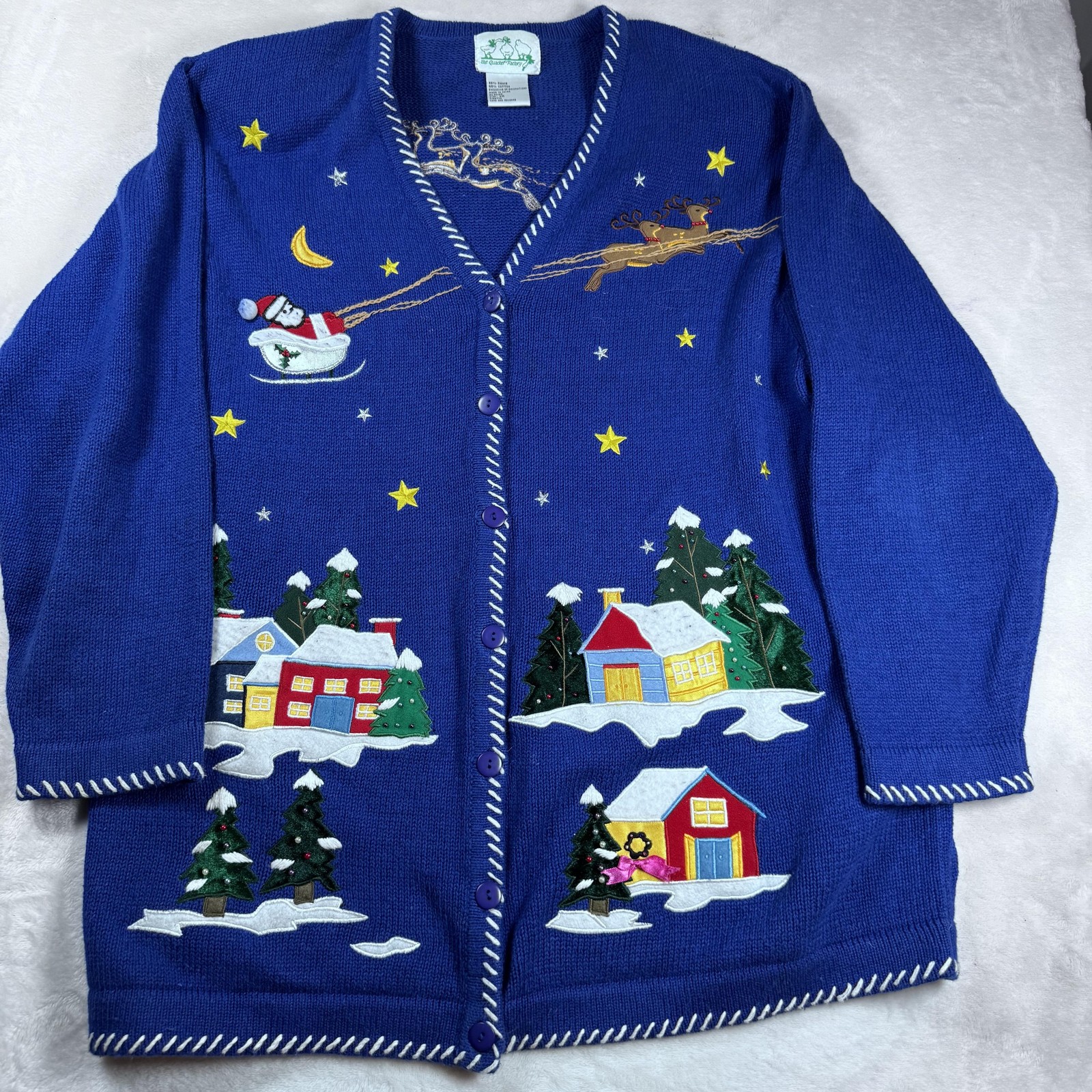 Quacker Factory Sweater Womens 1X Blue Christmas Village Cardigan Holiday